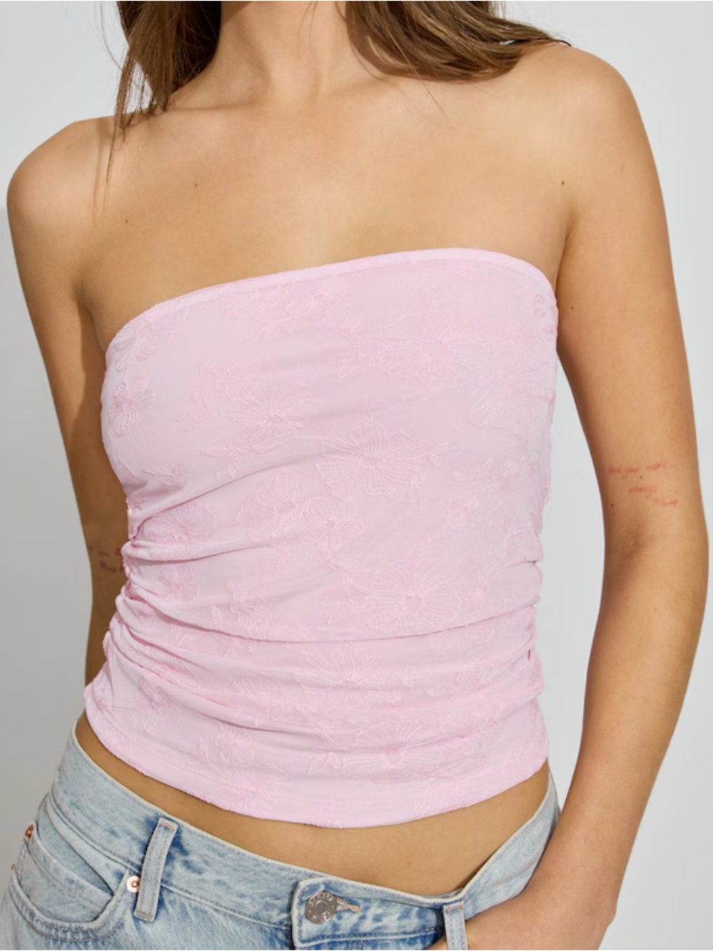 Garage Light Pink Floral Lace Strapless Tank Top